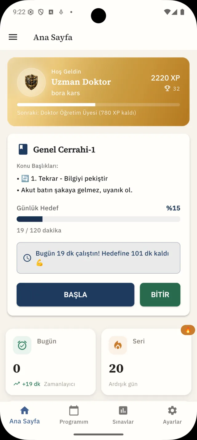 TUSCoach ana panelinde günlük hedef, görev ve ilerleme özeti